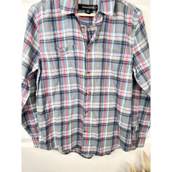 Treasure Bond Blue Plaid Button Up Flannel Shirt Two Pockets Girls XL 14/16 - Picture 4 of 11
